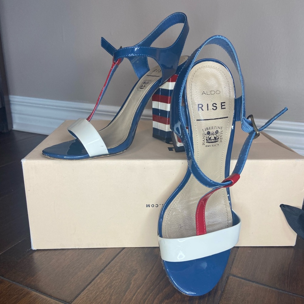Aldo Handmade 4 1/2” Leather High Heel Sandals Size 7- Red, White and Blue